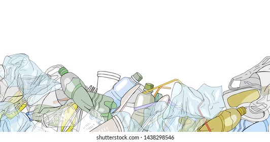 Illustration of garbage waste pile of plastic and paper in mountain shape isolated white background, bottles plastic garbage waste many, stack of plastic bottle paper cup waste dump, pollution garbage