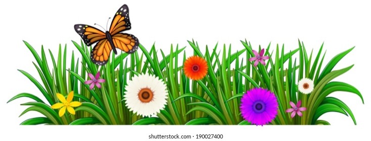 Illustration of a garden with blooming flowers and a butterfly on a white background