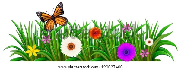 Illustration Garden Blooming Flowers Butterfly On Stock Vector (Royalty ...