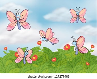 Illustration of a garden with butterflies