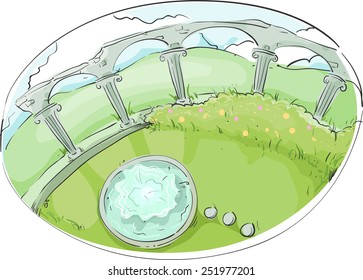 Illustration of a Garden Decorated With a Colonnade and a Fountain