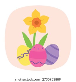 Illustration of a garden with decorated easter eggs