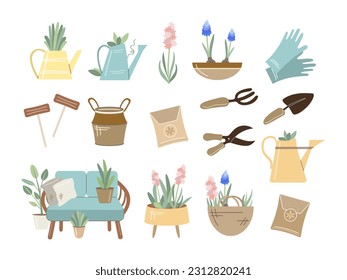 Illustration of garden elements: shovel, pitchfork, garden shears, plants, watering cans, grass, gardening gloves, rattan sofa, hyacinth, lavender, wooden  garden signs, bags of seeds, canvas bag