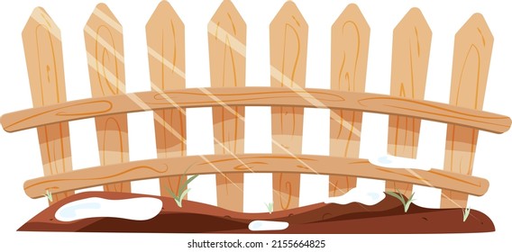 illustration of a garden fence with spring sun rays, growing flowers and melting snow