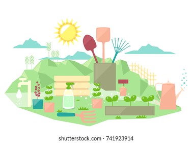 Illustration of a Garden Flat Design with Garden Tools and Seedling Plants