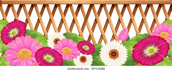 Illustration of a garden of flowers with a fence