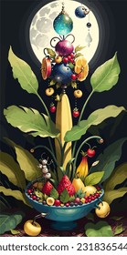 illustration, garden, fruits, droplets on leaves, banana, moonlight, ant, enchanting, whimsical movement, sculptural installation, intricate details, cheerful pop art, maximalism, bright colors