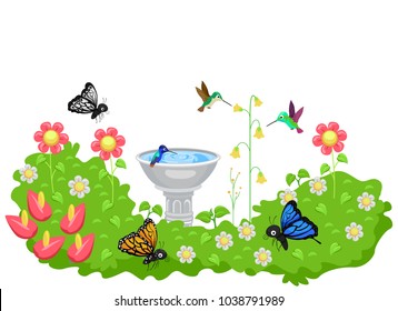Illustration of a Garden Full of Flowers with Bird Bath and Butterflies and Hummingbird