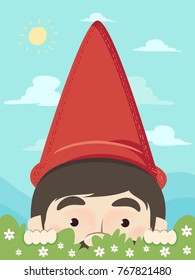 Illustration of a Garden Gnome with Red Hat Peeking from Behind a Floral Hedge