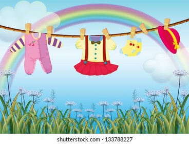 Illustration of a garden with hanging baby clothes