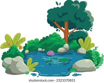 An illustration of a garden image with a pond in the middle is suitable for backgrounds with children's themes