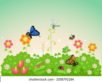 Illustration of Garden Insects Flying in the Garden Full of Flowers