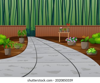Illustration of a garden near a bamboo forest