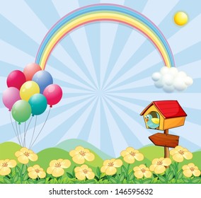 Illustration of a garden near the hills with balloons, a rainbow and a pet house