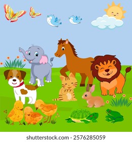 illustration of a garden pattern with cute animals with sun and flowers, a pattern that can be used for children's clothing, carpets, wallpaper, toys, children's textiles, children's equipment.