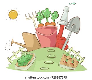 Illustration of Garden Plots with Different Gardening Tools like Pail, Watering Can, Hose, Shovel, and Rake