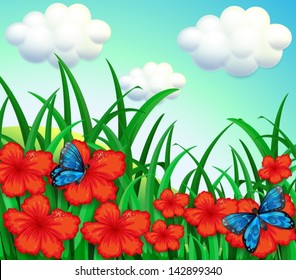 Illustration of a garden with red flowers and blue butterflies