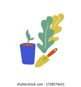 Illustration of a garden, shovel, plants, flowers. Vector minimal illustration in scandinavian style. Demonstration of things for planting plants