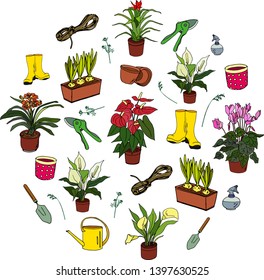 illustration of garden tool and plants  in vector