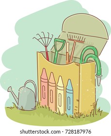 Ilustración de Jardín de herramientas dentro de una caja de Crayon. Las herramientas incluyen tarta, manguera, pala y riego