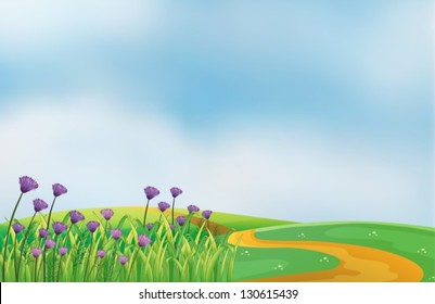 Illustration of a garden with violet flowers at the top of the hills