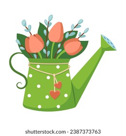 Illustration of garden watering can with flowers