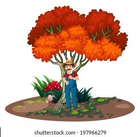 Illustration of a gardener cleaning the yard on a white background