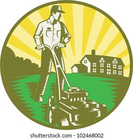 Illustration of a gardener with lawn mower mowing with residential house in background set inside circle done in retro woodcut style.