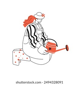 Illustration of a gardener in overalls and hat, kneeling while holding a watering can, ready to water plants.