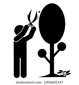illustration of a gardener pruning a plant, stick figure.
