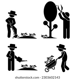 illustration of gardeners doing gardening, cultivating. stick figure.