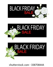 Illustration of Gardenias or Jasmine Flowers on Black Friday Shopping Banner for Start Christmas Shopping Season.