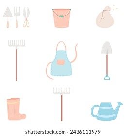 Illustration of gardening elements hand-drawn vector elements. A set of icons for farm and agriculture. Flower business. Gardening elements collection on white isolated background