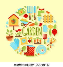 Illustration of Gardening icons set. Vector illustration with garden instruments