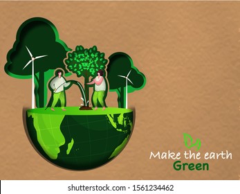 Illustration of gardening man and lady working on ecology half earth globe for Make The Earth Green.