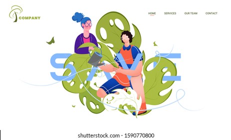 Illustration of gardening man and woman watering on nature field for Save Environment concept based landing page design.