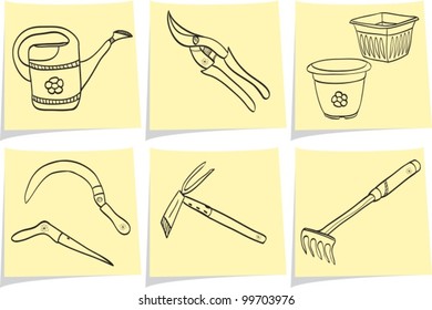 Illustration of gardening tools - doodle style - pot, watering can, dig, rake, scissor, shovel