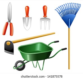 Illustration of the gardening tools on a white background