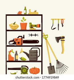 Illustration of gardening tools in pantry. Design in flat style