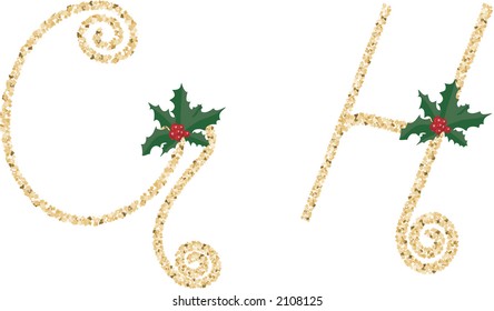 Illustration of garland fonts and holly in a group of two if design elements. Fonts are in individual groups and are easy to edit. File contains no gradients.