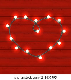 Illustration garland heart shaped on red wooden background for Valentines Day - vector