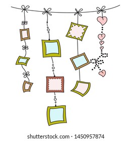Illustration of garland with square frames and hearts, isolated background pattern to decorate presentation concept, holiday or greeting