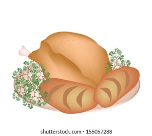 An Illustration of Garnished Roasted Turkey with Cornbread and Herp on A Platter for Thanksgiving Holiday Dinner. 