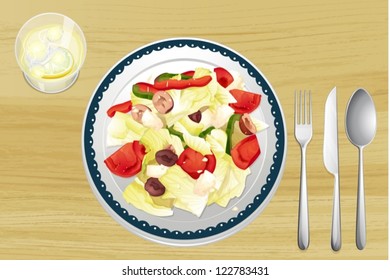 Illustration of garnished salad in dish on wooden table