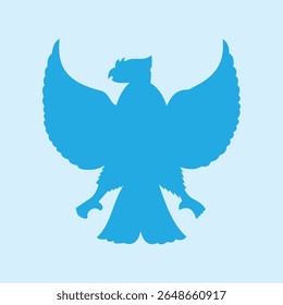 Illustration of a garuda bird with blue wings spread, showing a sturdy and strong form, suitable for a symbol of strength, freedom, courage, and strong character. The national emblem of Indonesia