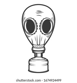 Illustration of gas mask isolated on white background. Biohazard. Coronavirus alert. Design element for poster, card, banner, flyer, emblem, sign. Vector illustration