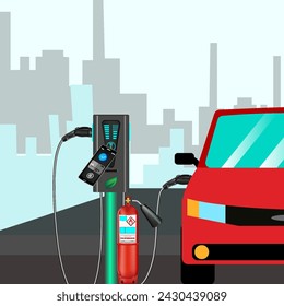 Illustration of a gas station with a car. fire extinguisher at a gas station.