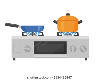 Illustration of a gas stove seen from the side while cooking