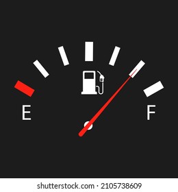 Illustration with gauge of fuel indicator gas on black background. Fuel gauge full with indicator. Full tank.