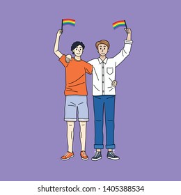 Illustration of gay couple holding rainbow flags.